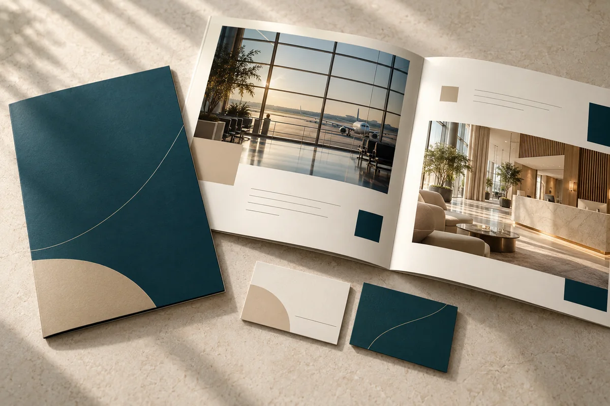 Esempio illustrativo di presentazione e materiali coordinati per un’azienda del settore viaggi.