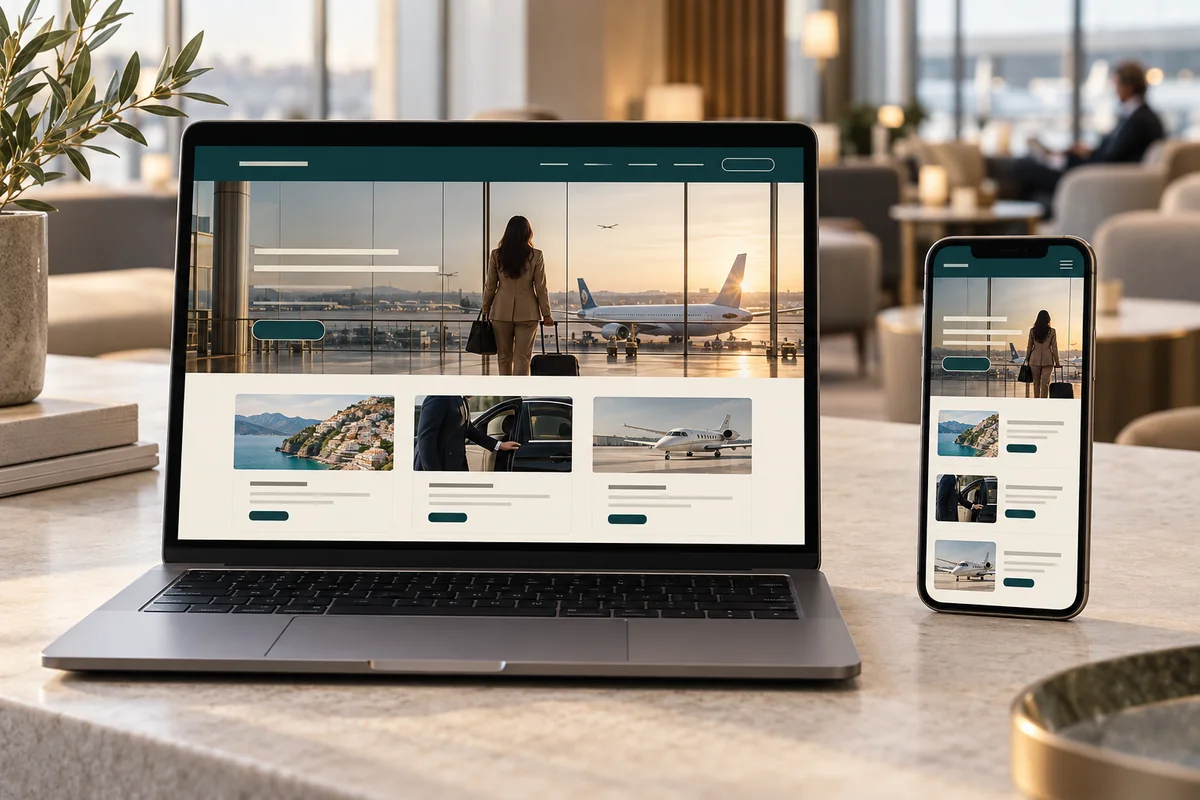 Esempio illustrativo di un sito per servizi di viaggio, presentato su computer e smartphone.